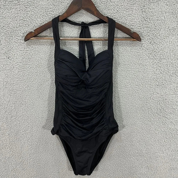 Liz Clairborne womens swimsuit 6‎ black one piece halter lightly padded ruched - Picture 1 of 5